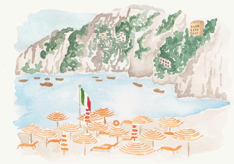 Watercolour painting of a beach with orange striped parasols beneath the Amalfi cliffs