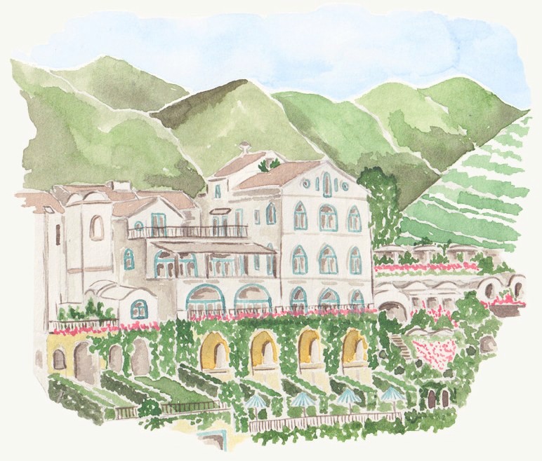 Watercolour painting of Caruso and its terraced gardens against the green hills of Ravello