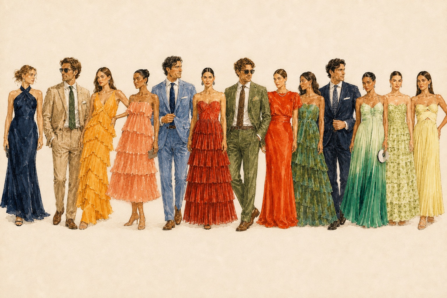 Watercolour illustration of wedding guests in formal garden attire: women in colourful full-length dresses and men in summer suits with ties