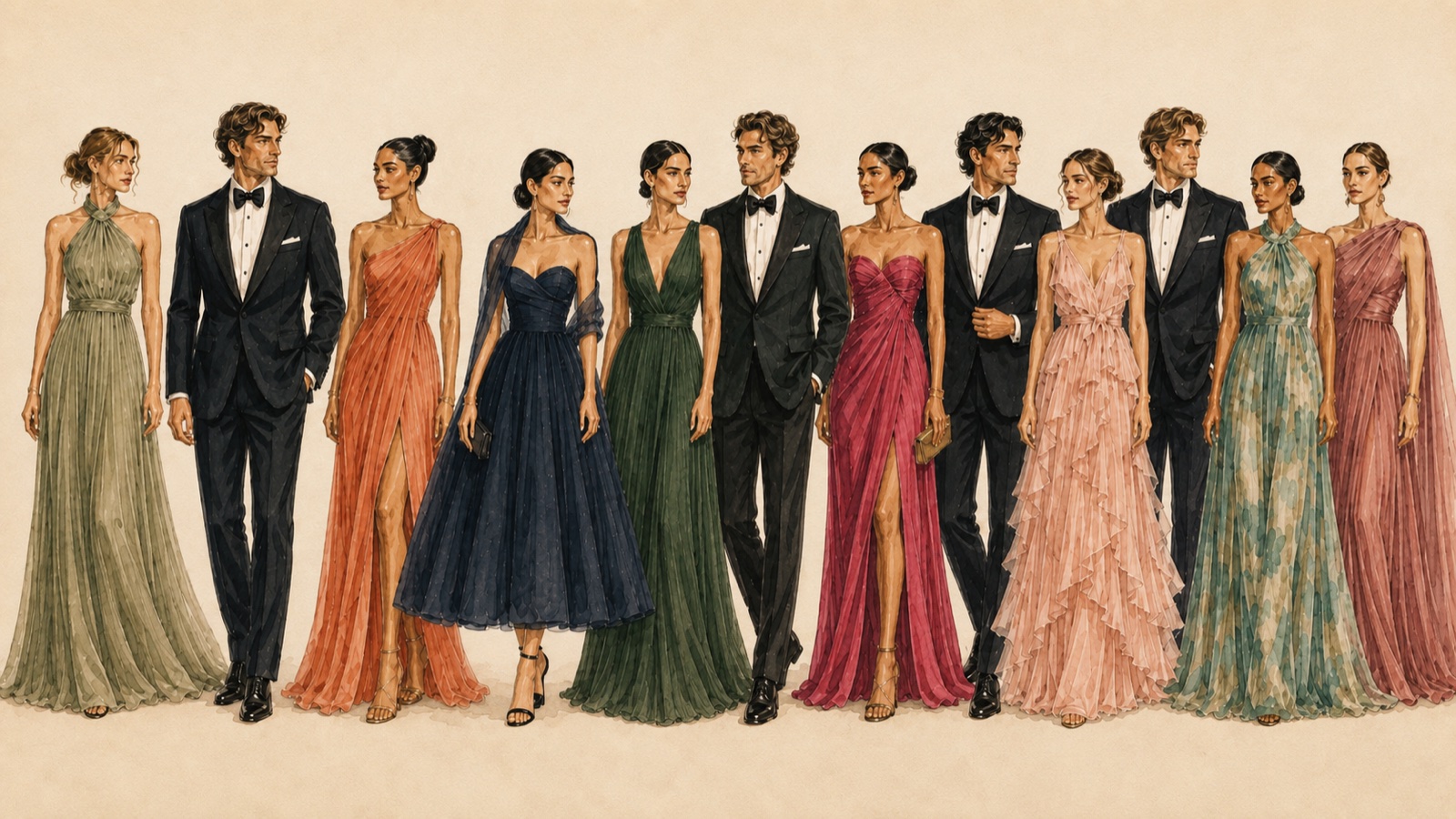 Watercolour illustration of black tie wedding guests: women in elegant full-length evening gowns in rich colours and men in classic black tuxedos