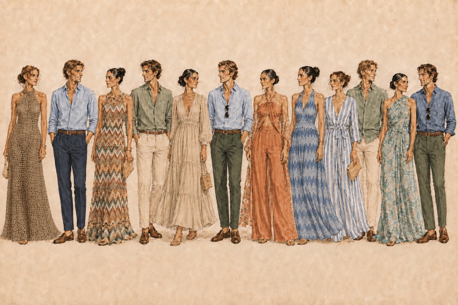 Watercolour illustration of wedding guests in Amalfi smart casual: women in breezy patterned maxi dresses and separates, men in linen shirts with summer trousers and loafers