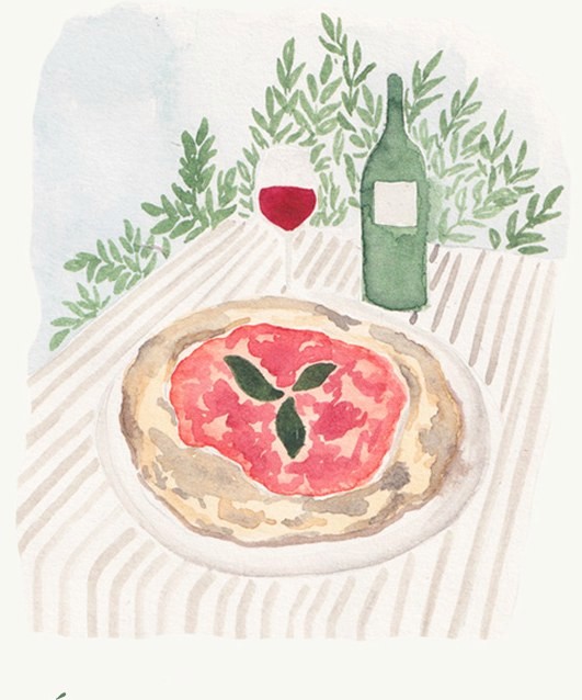 Watercolour painting of a margherita pizza on a striped tablecloth with a bottle of wine