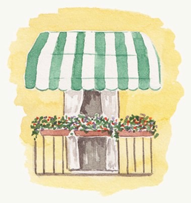 Watercolour painting of a shopfront with a green and white striped awning and window boxes of flowers