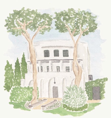 Watercolour painting of Villa Eva, a white villa framed by two tall trees and gardens